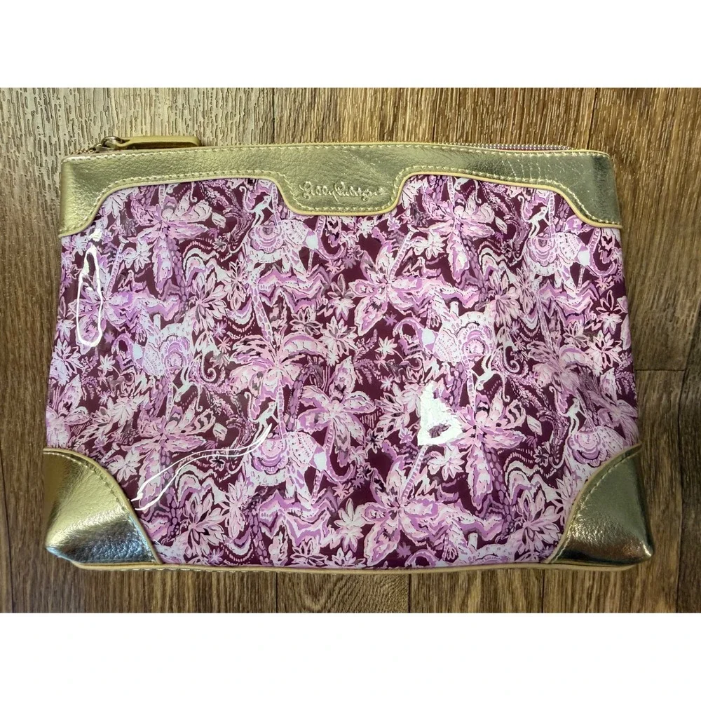 Lilly Pulitzer Purple Elephant Print Cosmetic Bag Gold Metallic Trim Pouch